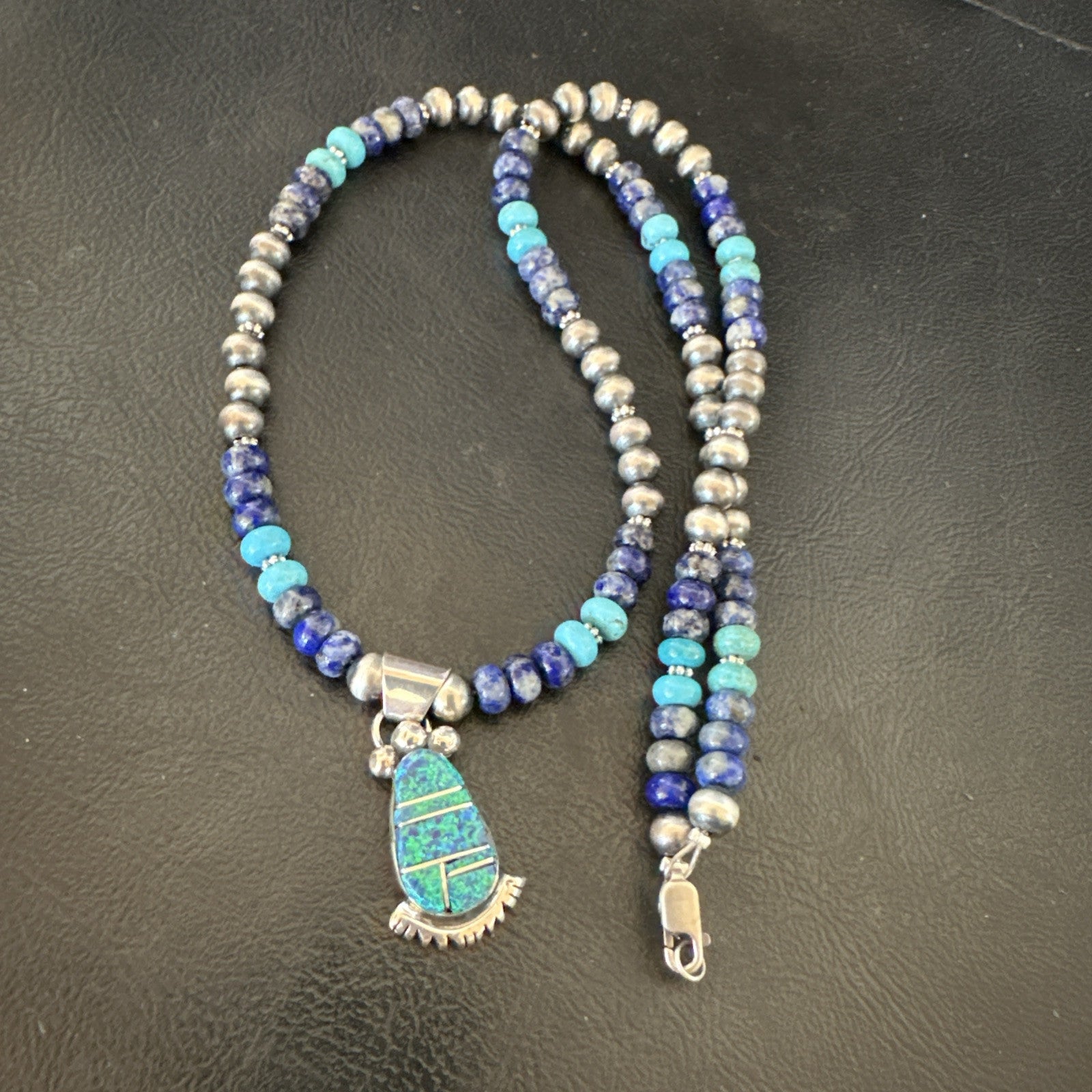 WoMens Opal Inlay Pendant Navajo Sterling Silver Blue Lapis Bead Necklace 18917