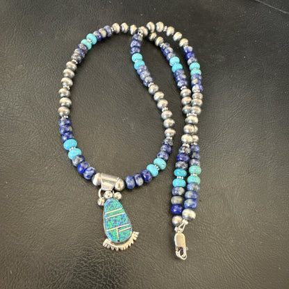 WoMens Opal Inlay Pendant Navajo Sterling Silver Blue Lapis Bead Necklace 18917