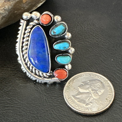 Navajo Cluster Lapis Kingman Turquoise Coral Sterling Silver Ring Sz 8 18882
