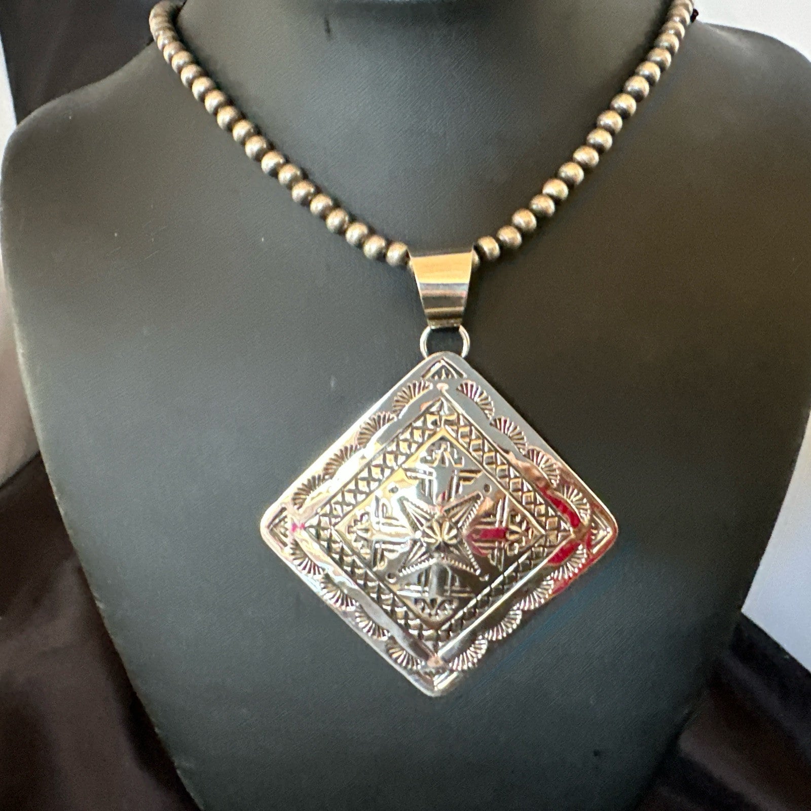 H Joe Handmade Stamped Pendant Navajo Sterling Silver Necklace 3.5" 18981
