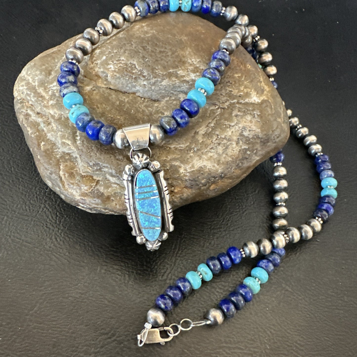 WoMens Opal Inlay Pendant Navajo Sterling Silver Blue Lapis Bead Necklace 18913