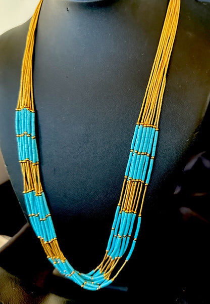 Gold Filled Blue Turquoise Heishi 10S Liquid Sterling Silver Necklace 24” 18909