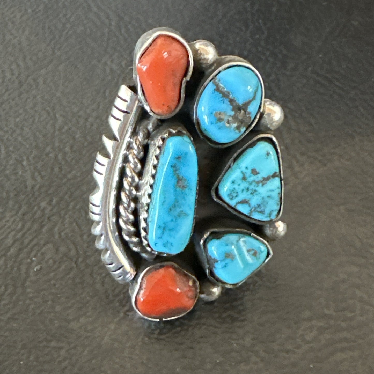 Navajo Cluster Blue Kingman Turquoise Coral Sterling Silver Ring Sz 7 18881