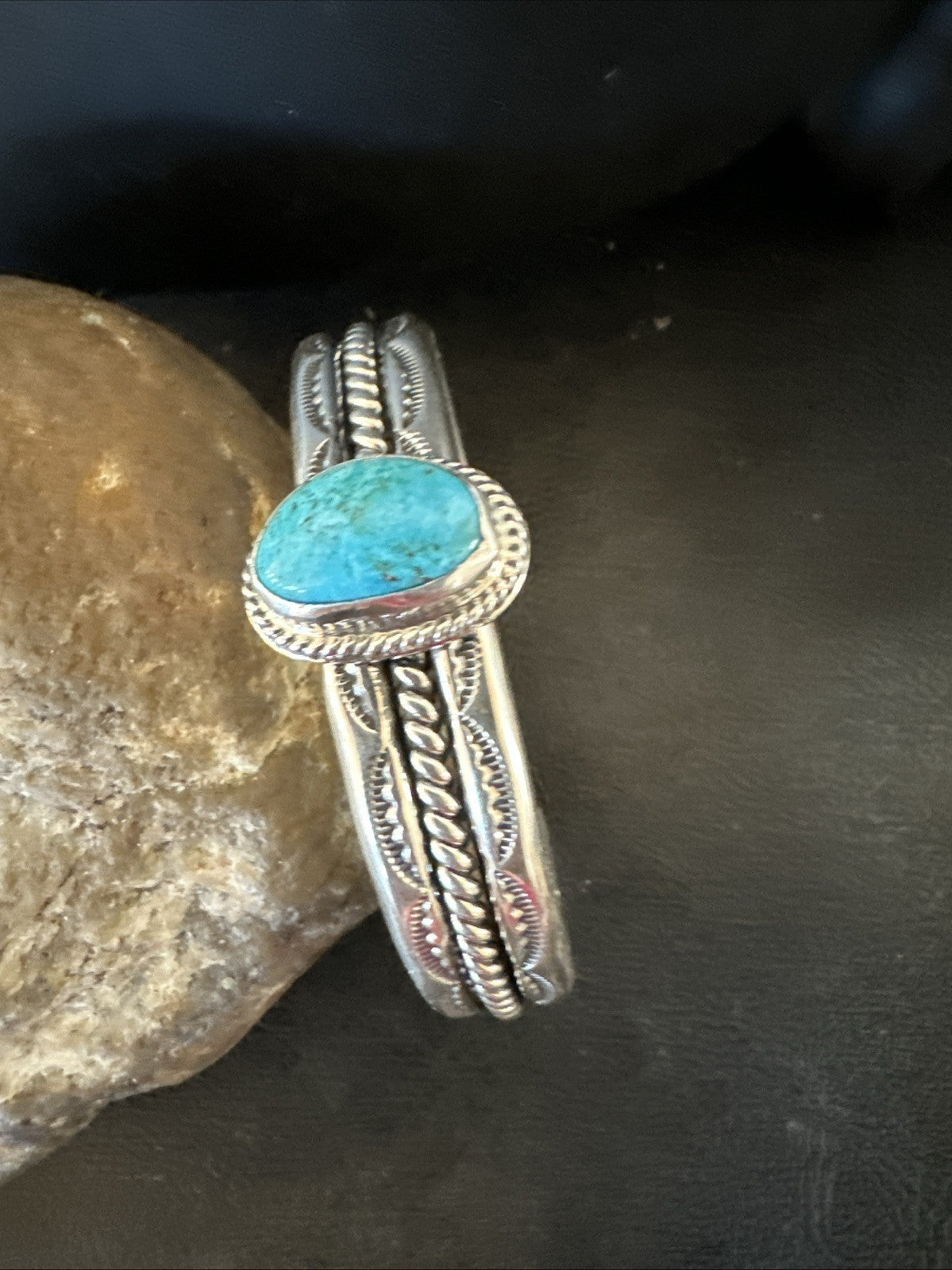 Stamped Blue Kingman Turquoise Sterling SIlver Cuff Bracelet 7.25” 18984