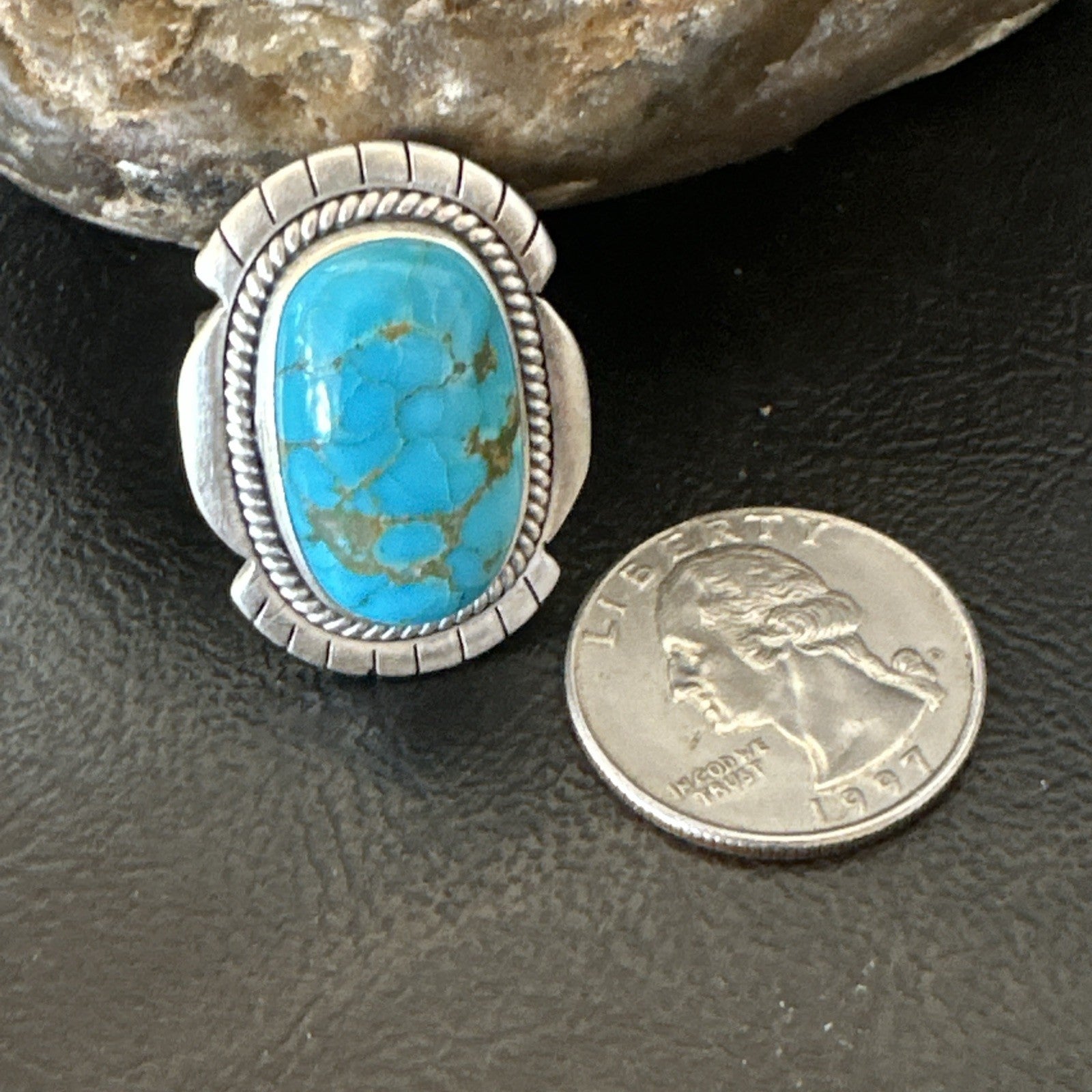 Navajo Sterling Silver Blue Kingman Turquoise Adjustable Ring Size 7 19005