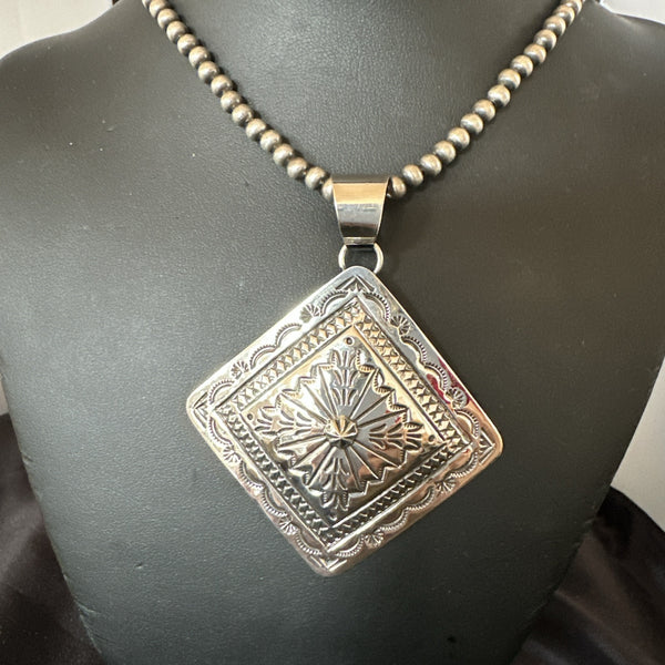 H Joe Handmade Stamped Pendant Navajo Necklace 3.5" | Sterling Silver | Authentic Native American Handmade | 18980