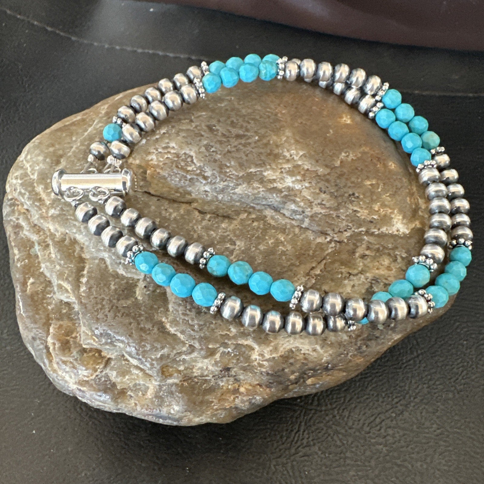 Blue Turquoise Faceted Bead Navajo Sterling Silver Beads Bracelet 7.5" 18999