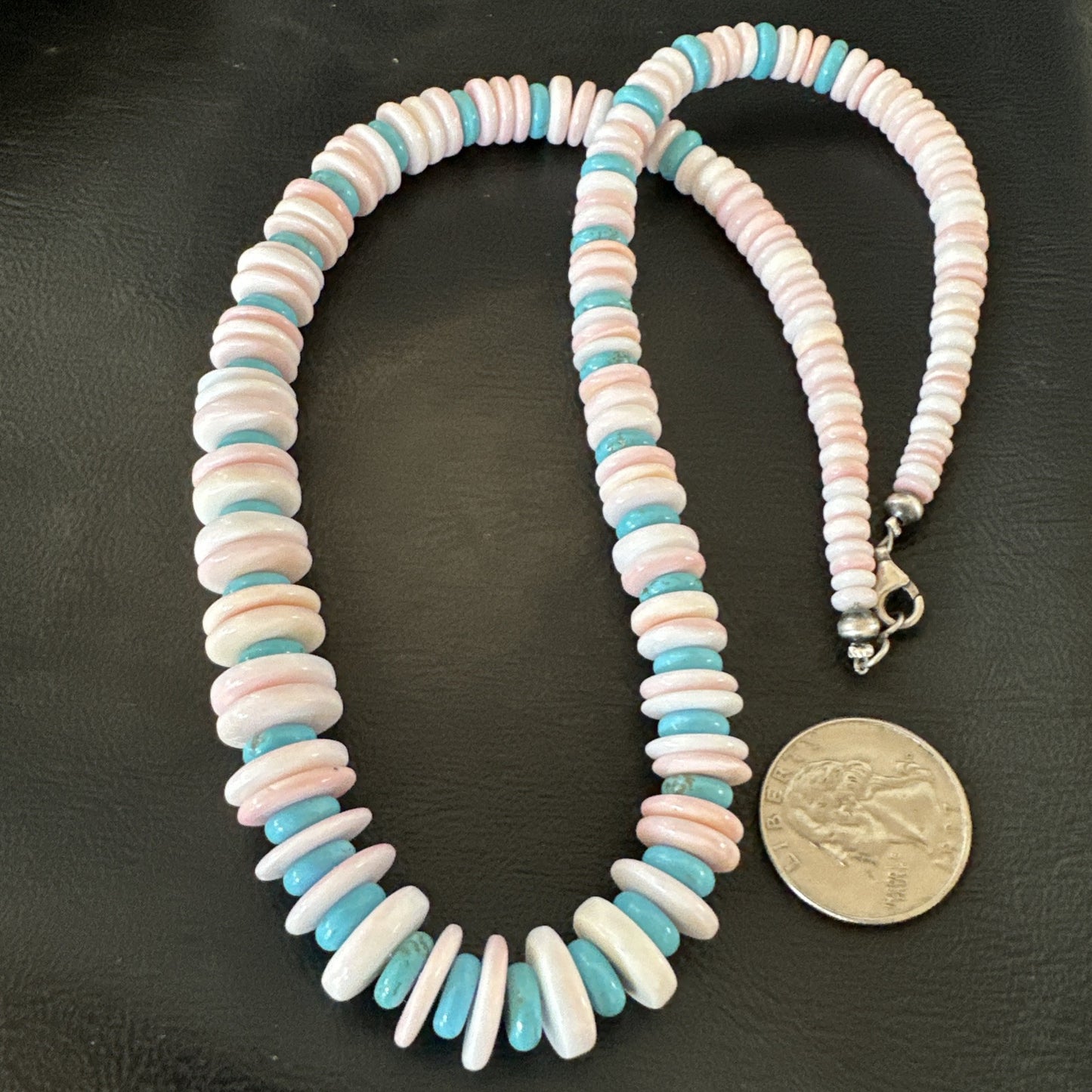 Pink Queen Conch Turquoise Graduated Navajo Sterling Silver Necklace 18944