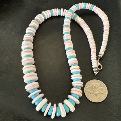Pink Queen Conch Turquoise Graduated Navajo Sterling Silver Necklace 18944