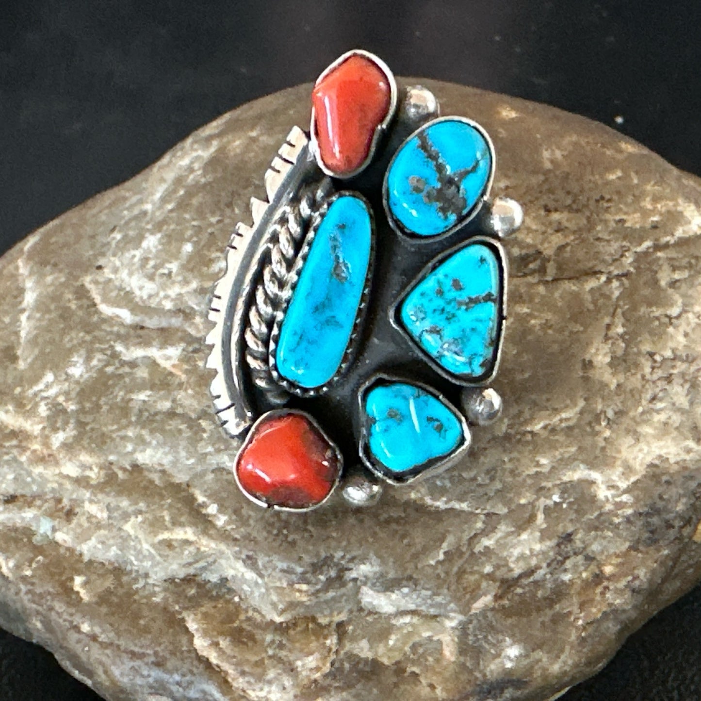 Navajo Cluster Blue Kingman Turquoise Coral Sterling Silver Ring Sz 7 18881