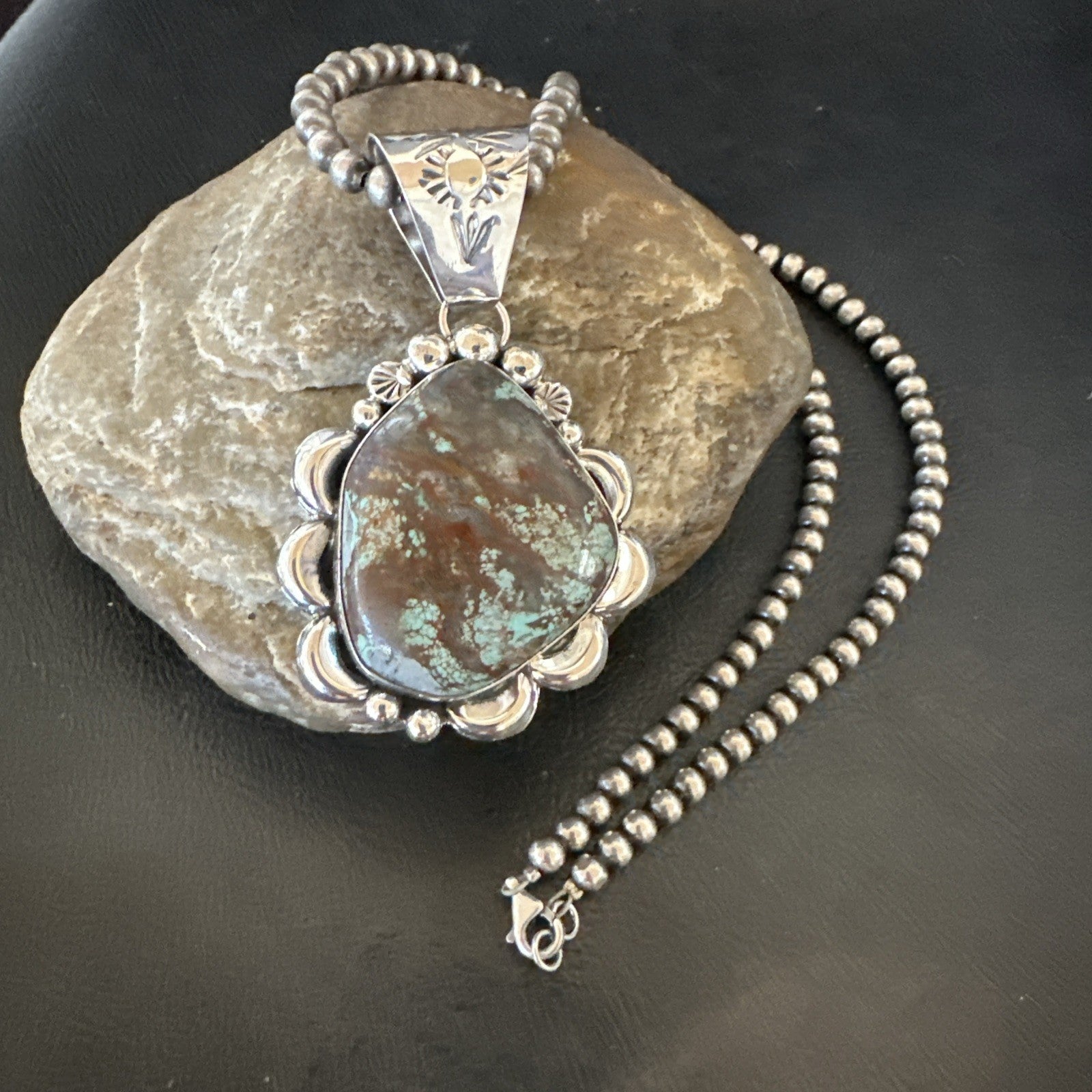 Navajo Sterling Silver Green Rustic Turquoise Necklace Pendant 2.75” 19012