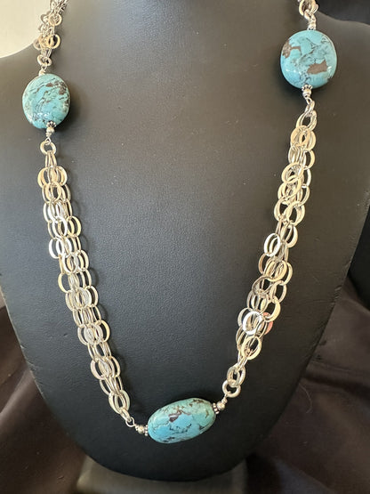 Sterling Silver Beads 5 Strand Chain Blue Nugget Turquoise Necklace 21" 18911