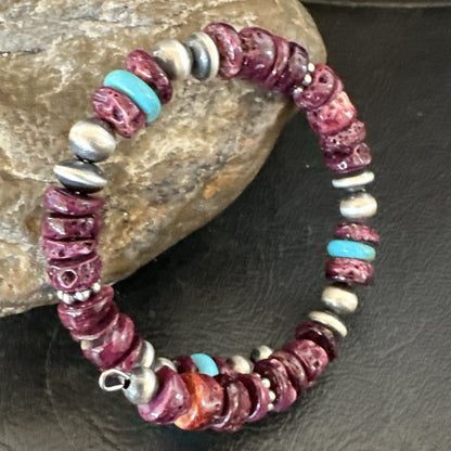 Purple Spiny Turquoise 8mm Wire Bead Wrap Bracelet Navajo Sterling Silver 18902