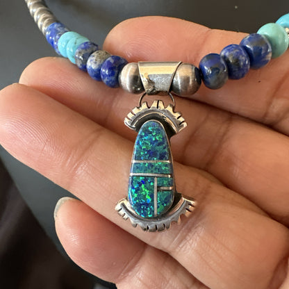 WoMens Opal Inlay Pendant Navajo Sterling Silver Blue Lapis Bead Necklace 18920