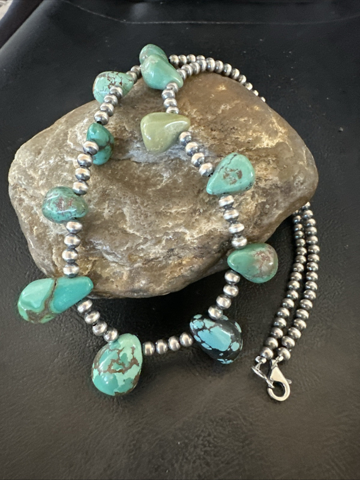 Green Turquoise Teardrop Sterling Silver Beads Necklace 20" 18985