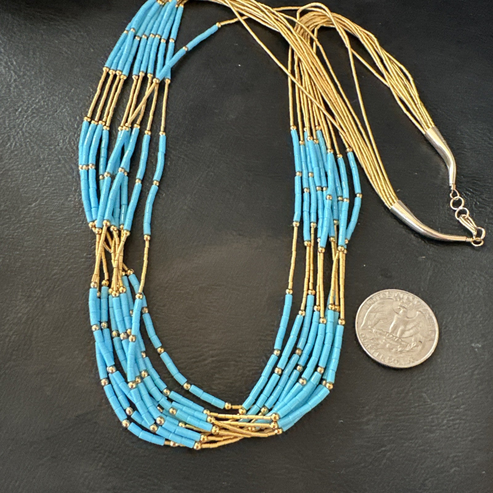 Gold Filled Blue Turquoise Heishi 10S Liquid Sterling Silver Necklace 24” 18909