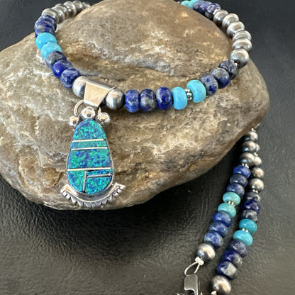 WoMens Opal Inlay Pendant Navajo Sterling Silver Blue Lapis Bead Necklace 18917