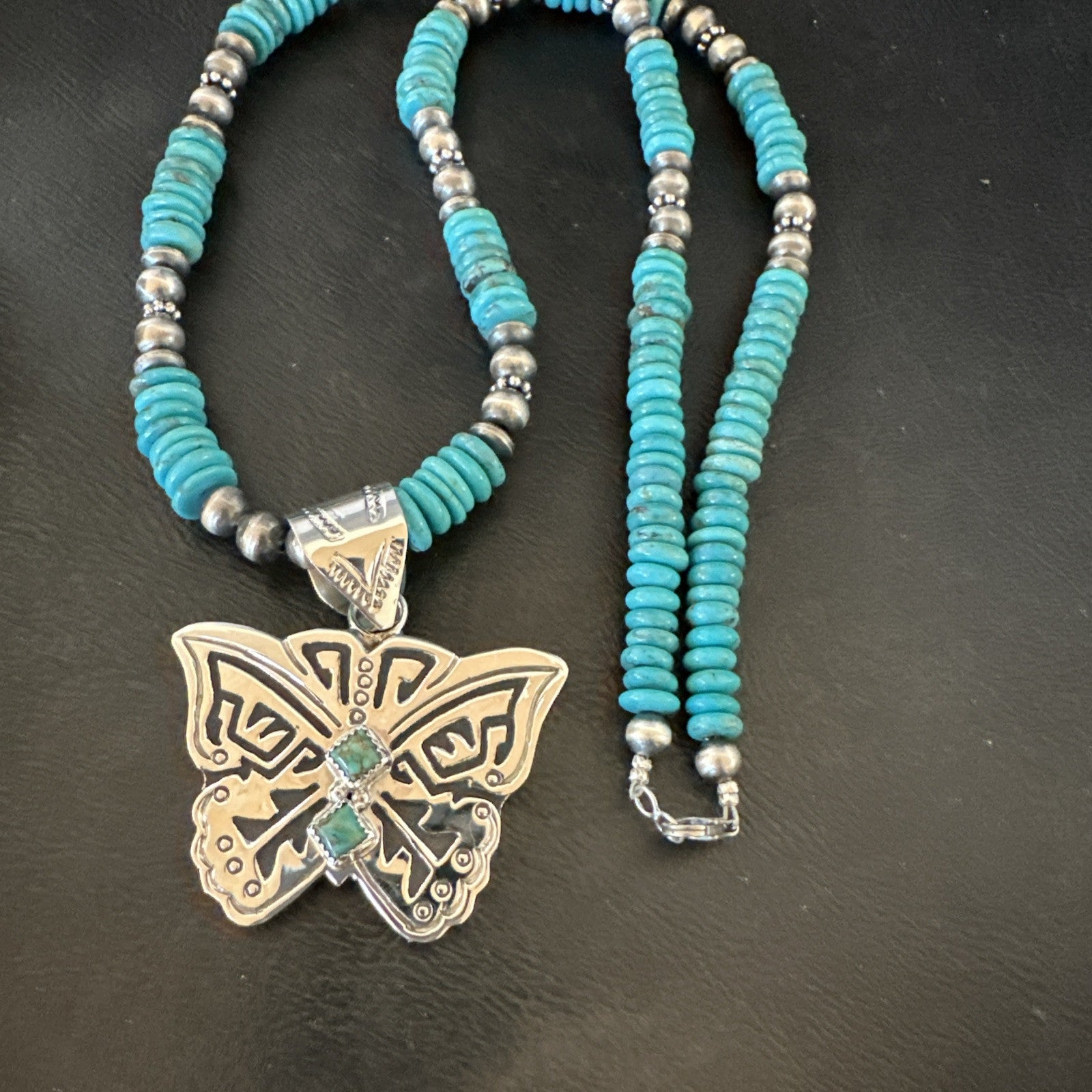 Butterfly Blue Turquoise Pendant Navajo Sterling Silver Necklace 26" 18905