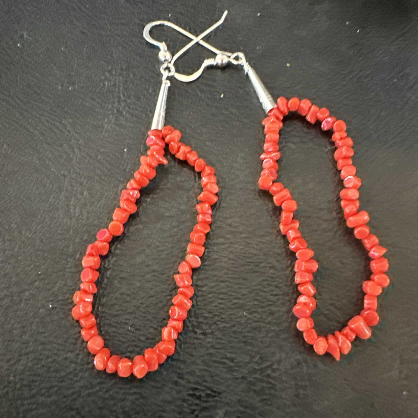 Real Red Orange Coral Nuggets Southwestern Sterling Silver Earrings 2.5” 18956