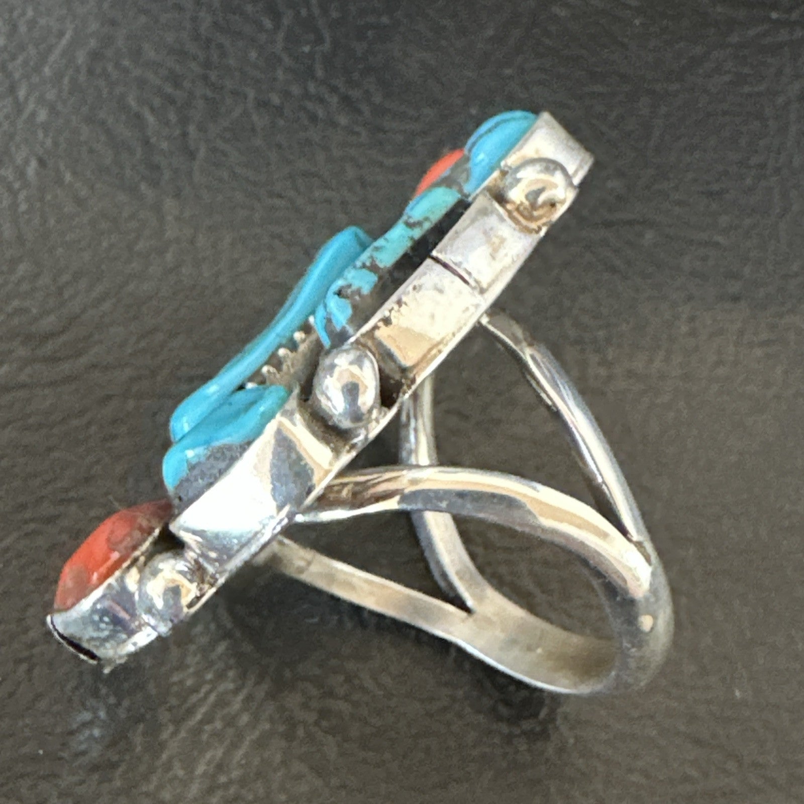 Navajo Cluster Blue Kingman Turquoise Coral Sterling Silver Ring Sz 7 18881