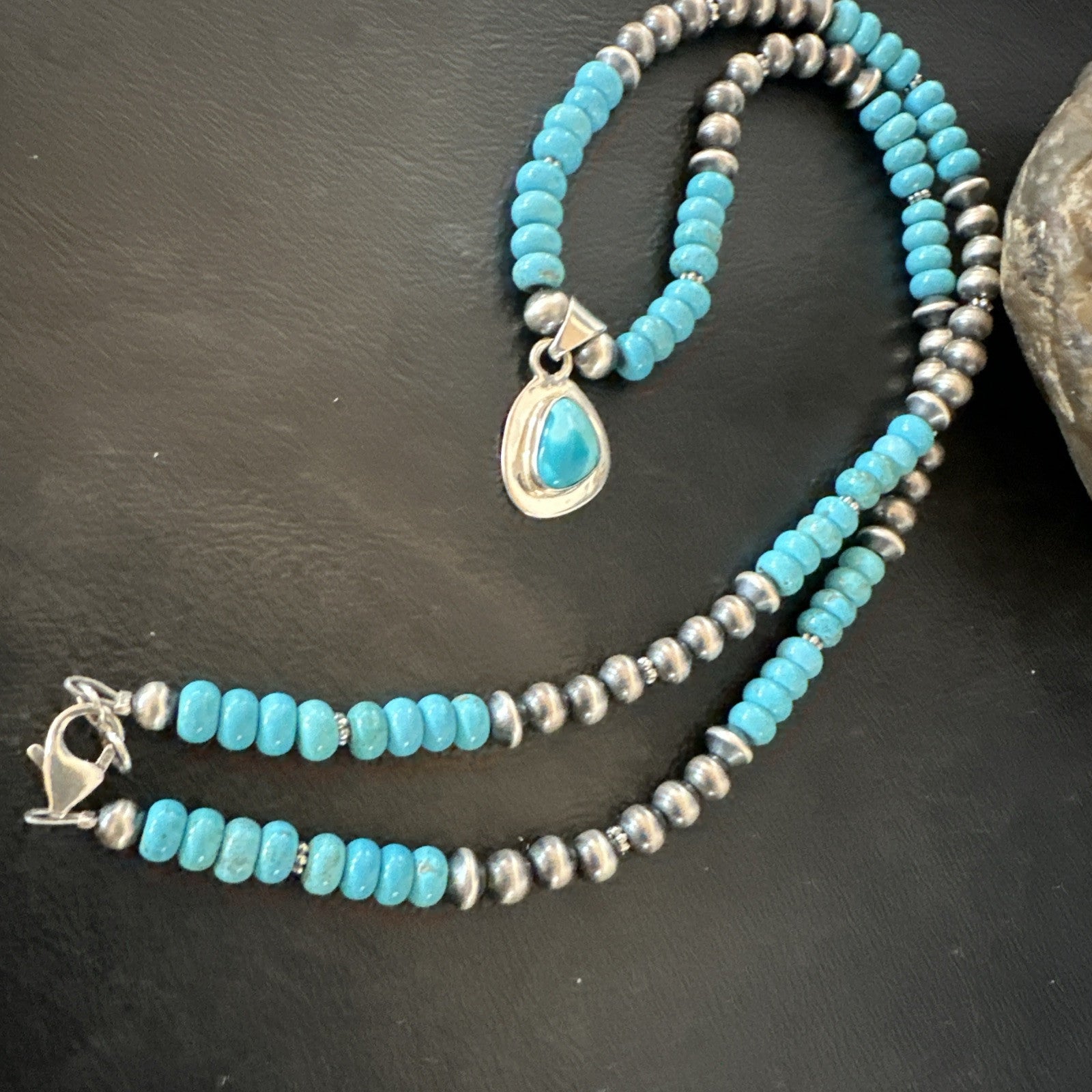 WoMens Blue Kingman Turquoise Pendant Navajo Sterling Silver Necklace 21" 18936