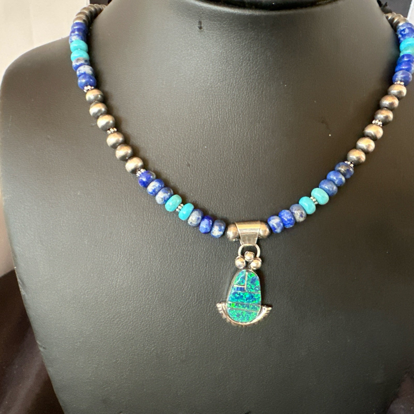 WoMens Opal Inlay Pendant Navajo Sterling Silver Blue Lapis Bead Necklace 18918