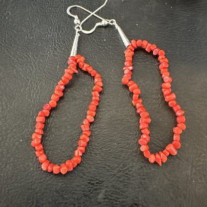Real Red Orange Coral Nuggets Southwestern Sterling Silver Earrings 2.5” 18956