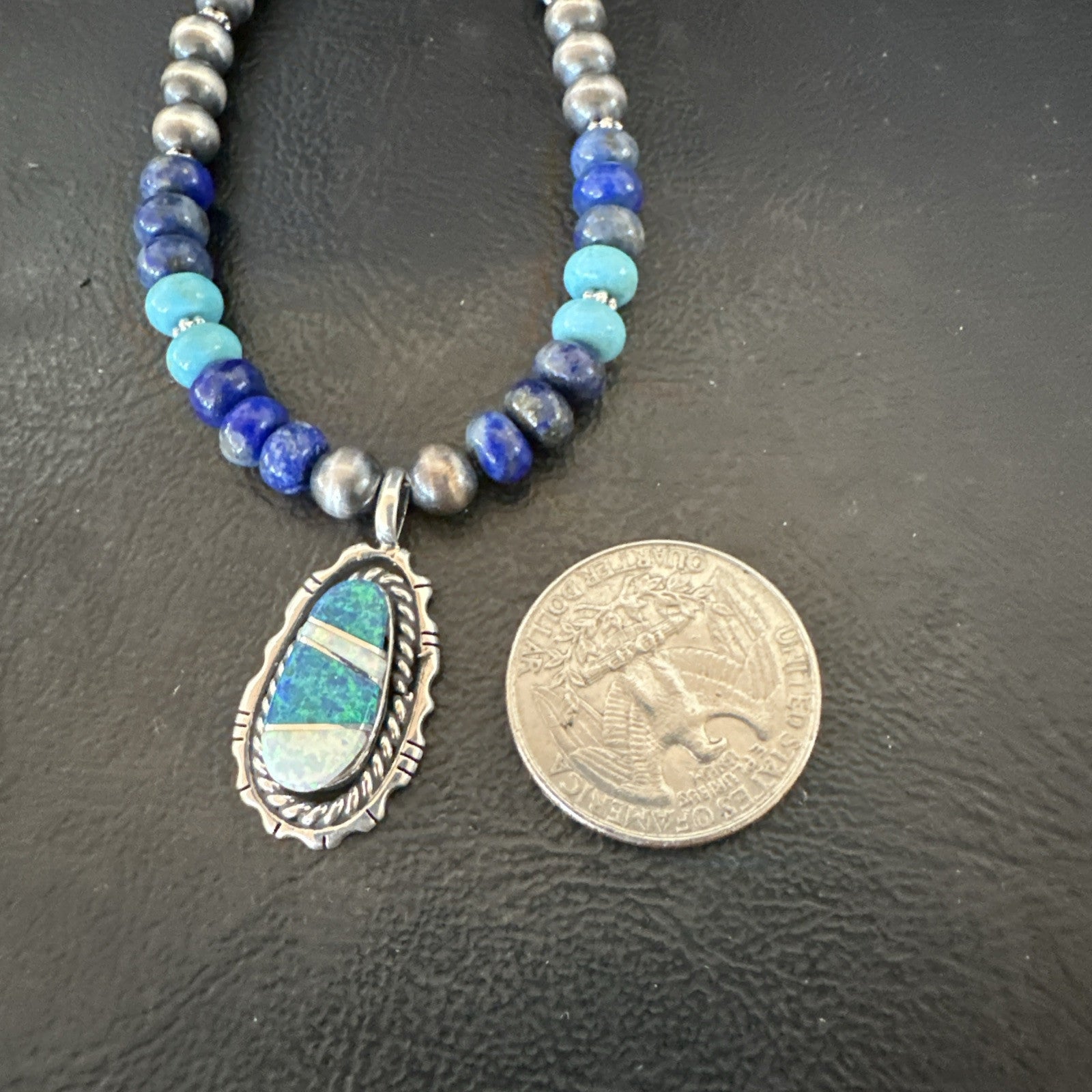 WoMens Opal Inlay Pendant Navajo Sterling Silver Blue Lapis Bead Necklace 18915
