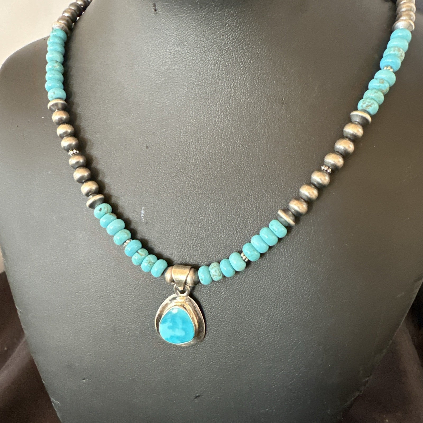 WoMens Blue Kingman Turquoise Pendant Navajo Sterling Silver Necklace 21" 18938