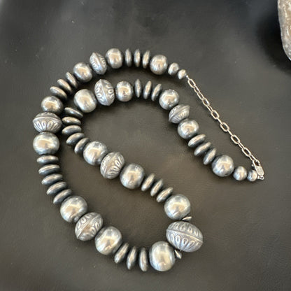 Handmade Bench Flat Navajo Pearls Sterling Silver Bead Necklace 24” 19001