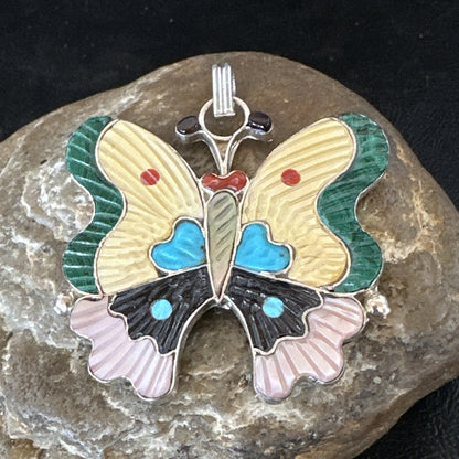 Zuni Turquoise Spiny MOP Onyx Butterfly Sterling Silver Beads Pendant 18903