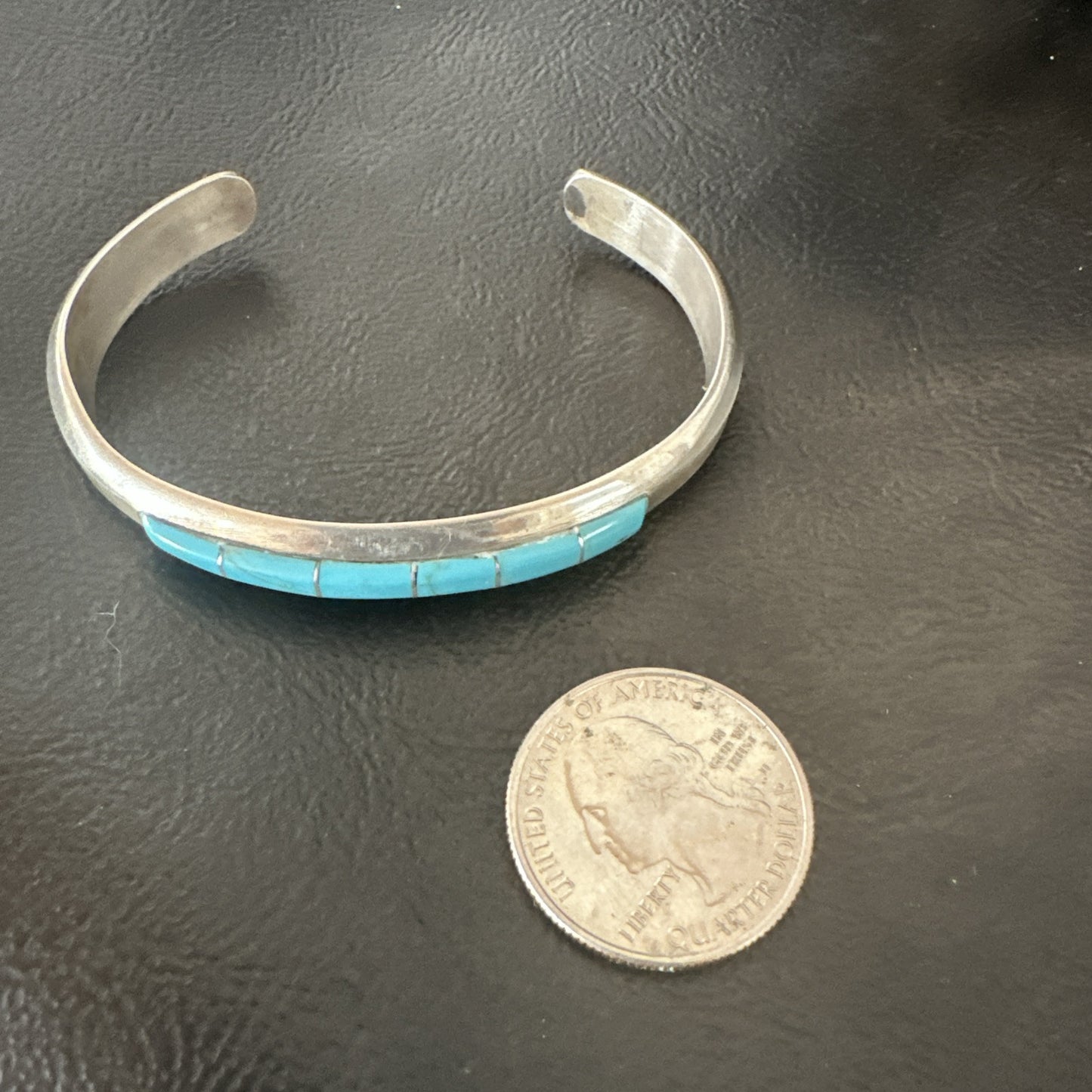 Old Pawn Blue Turquoise Navajo Sterling Silver Cuff Inlay Bracelet 18891