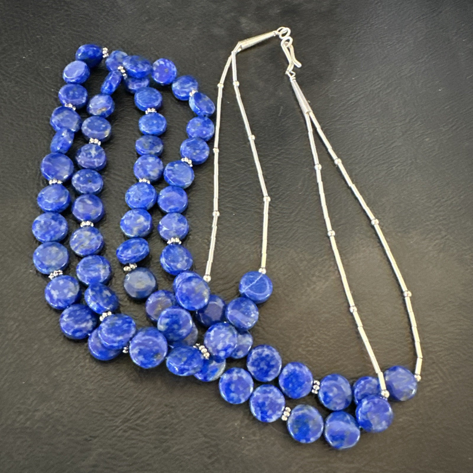 Blue Lapis Heishi 8mm Bead Liquid Sterling Silver 2 Strand Necklace 19" 18960