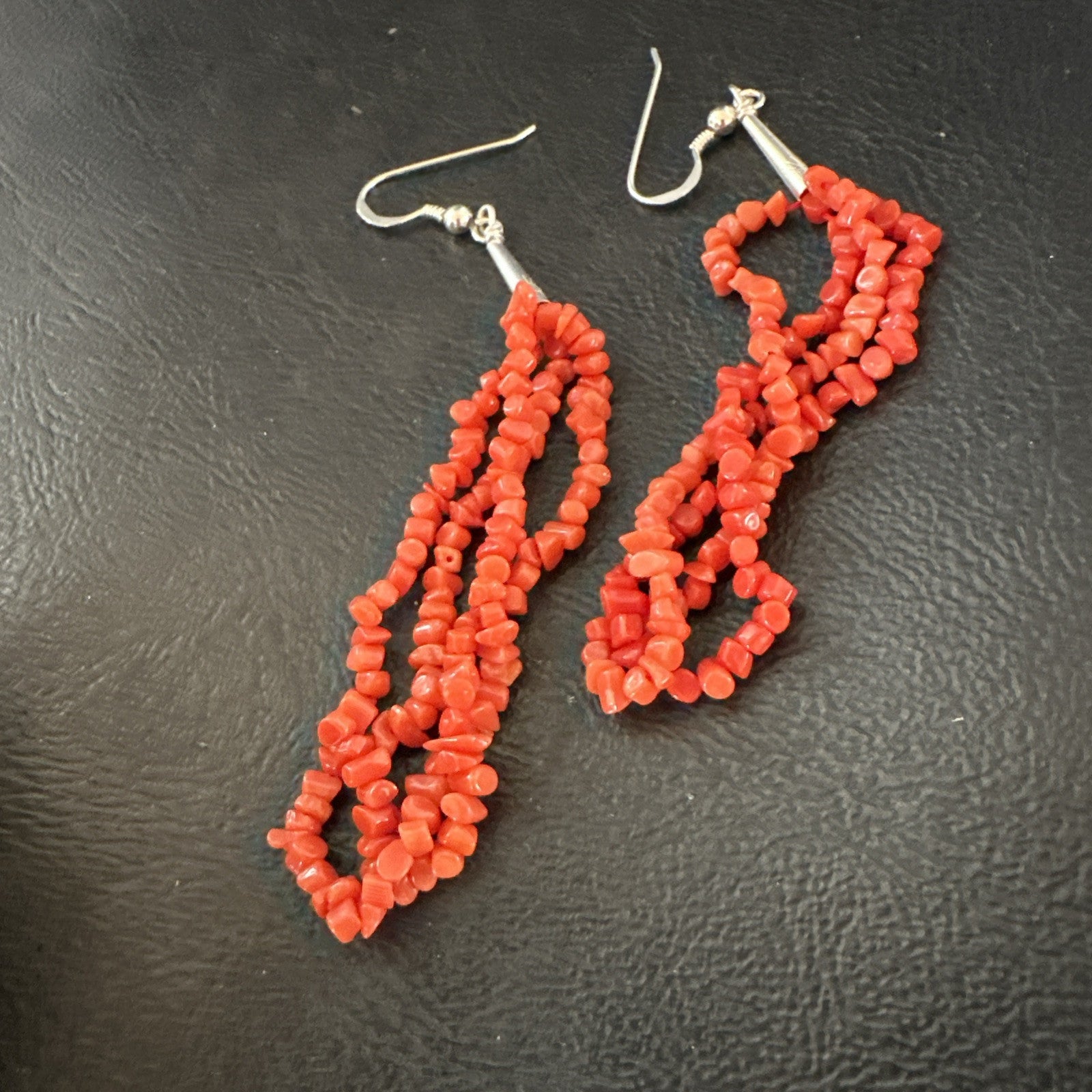 Real Red Orange Coral Nuggets Southwestern Sterling Silver Earrings 3” 18947