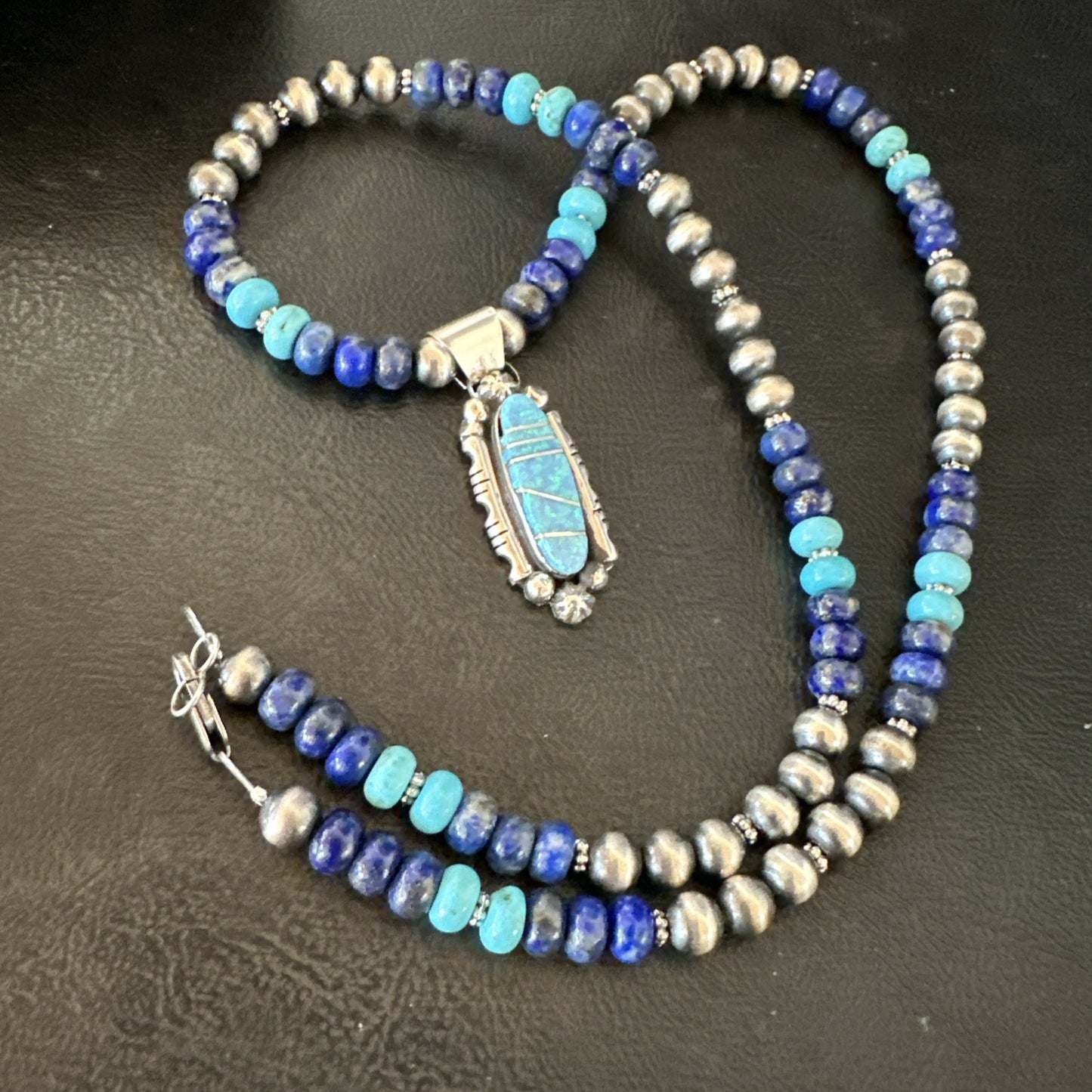 WoMens Opal Inlay Pendant Navajo Sterling Silver Blue Lapis Bead Necklace 18913