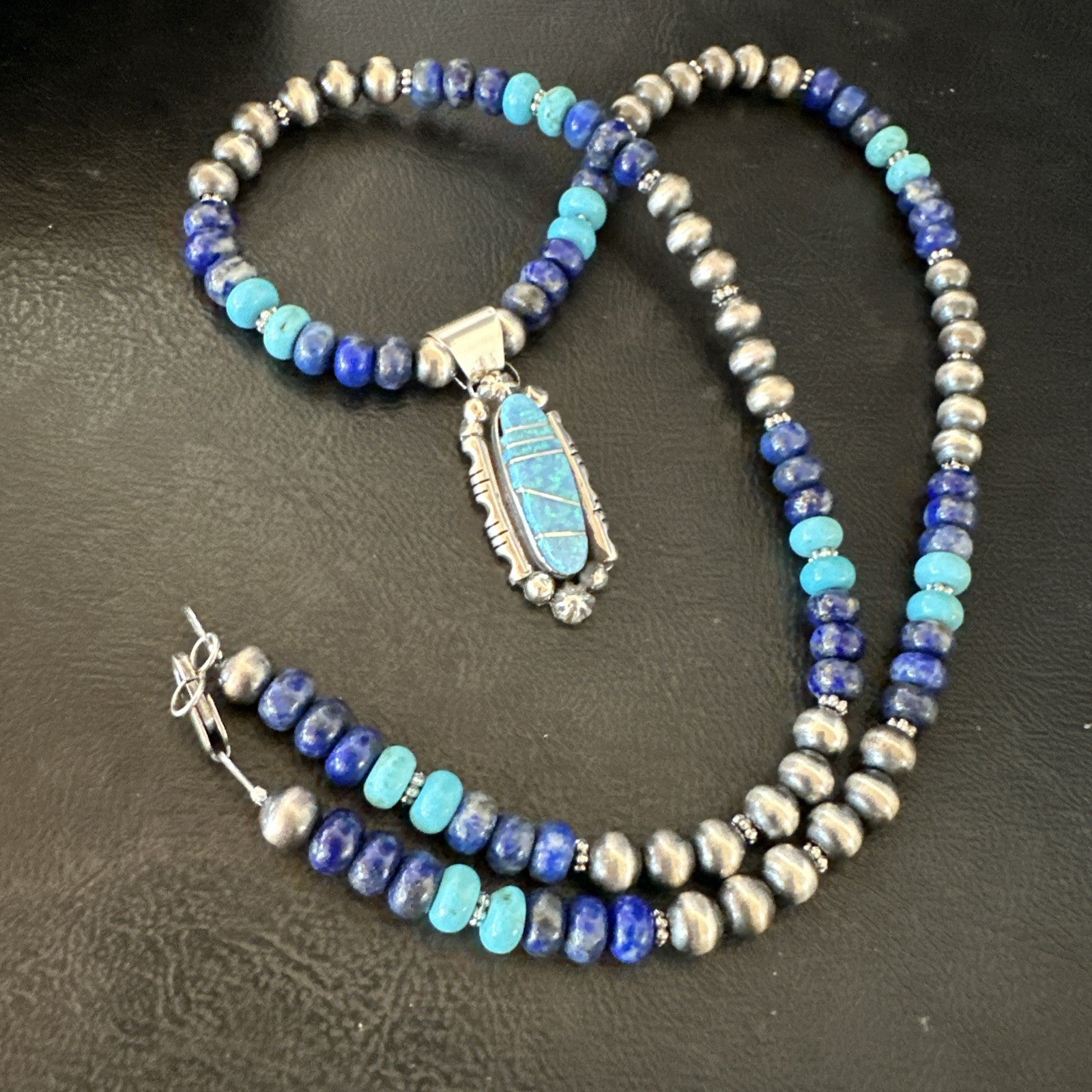WoMens Opal Inlay Pendant Navajo Sterling Silver Blue Lapis Bead Necklace 18913