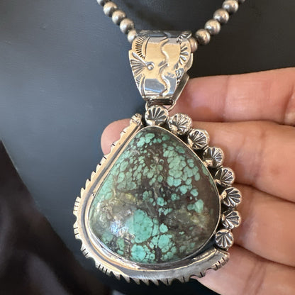 Navajo Sterling Silver Green Rustic Turquoise Necklace Pendant 2.75” 19011