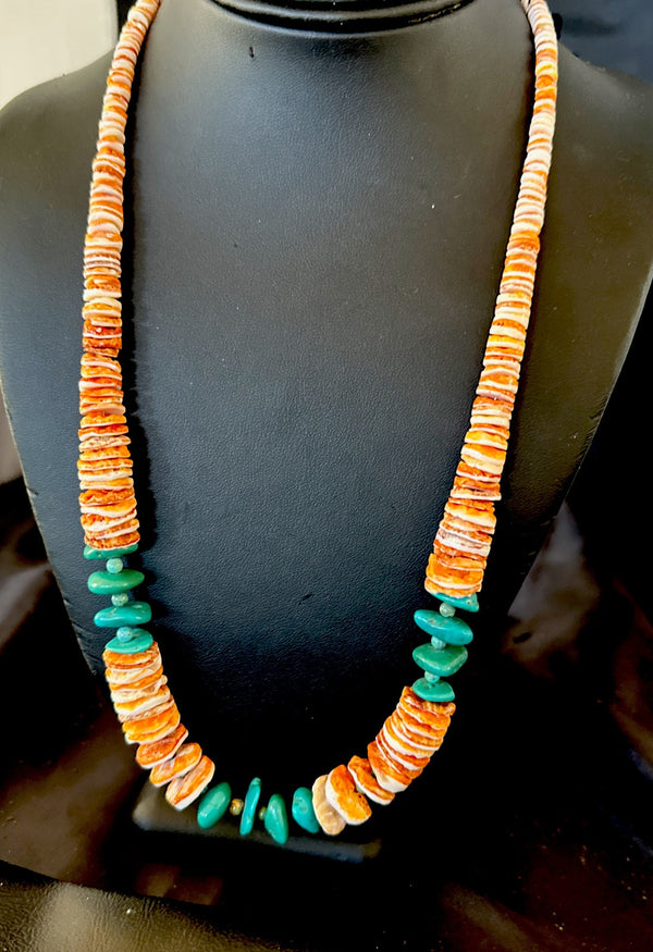 Santo Domingo Blue Turquoise Orange Spiny Bead Necklace 24" | Authentic Native American Handmade | 18908