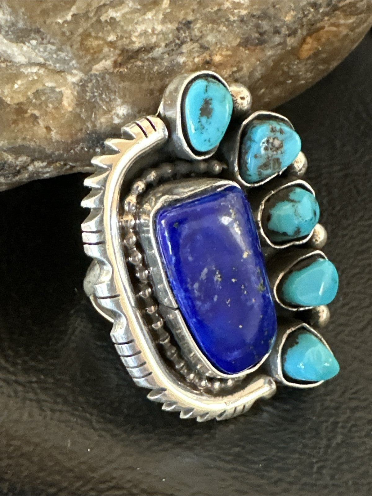 Navajo Cluster Lapis Kingman Turquoise Sterling Silver Ring Sz 8 18883