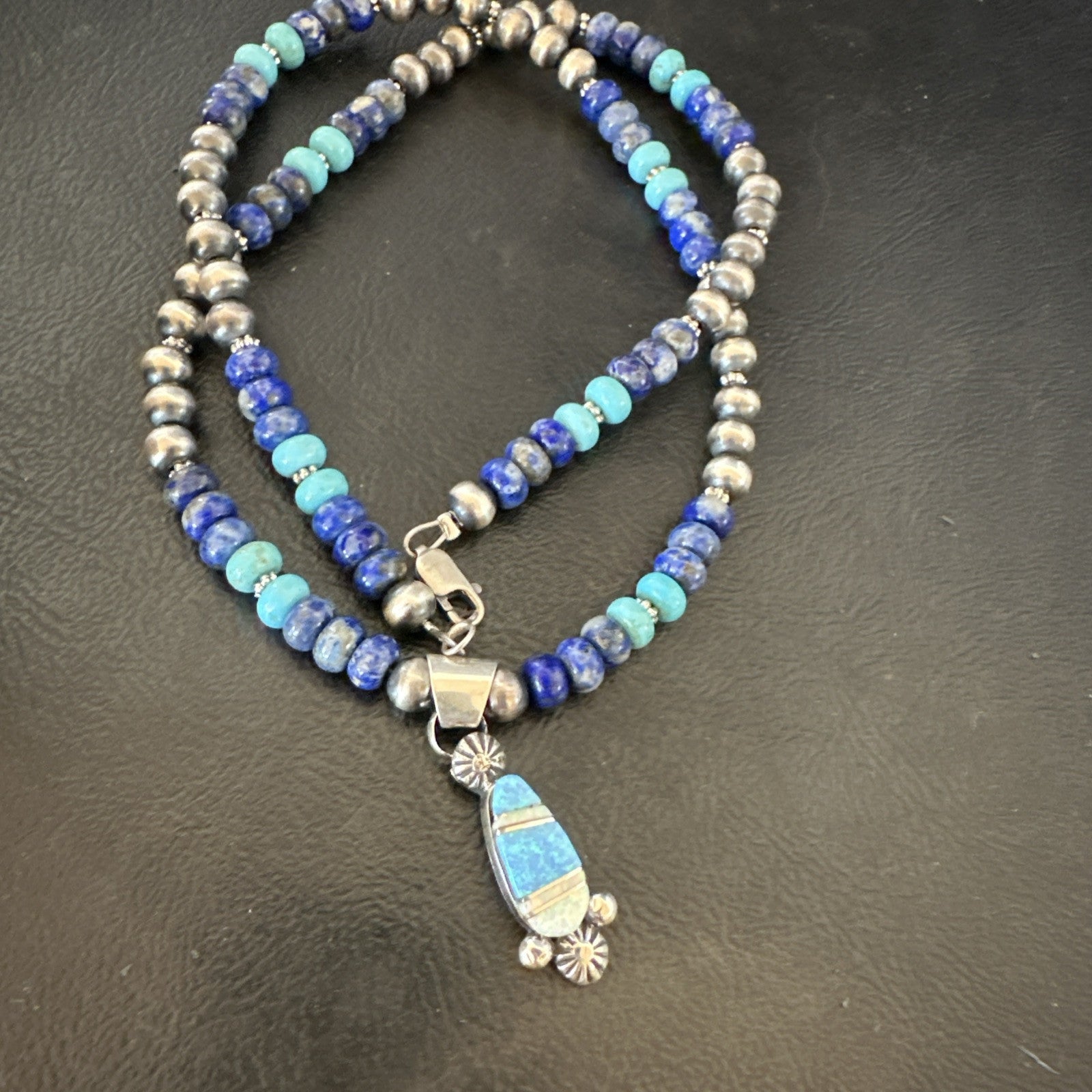 WoMens Opal Inlay Pendant Navajo Sterling Silver Blue Lapis Bead Necklace 18919
