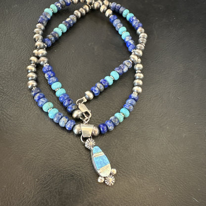 WoMens Opal Inlay Pendant Navajo Sterling Silver Blue Lapis Bead Necklace 18919