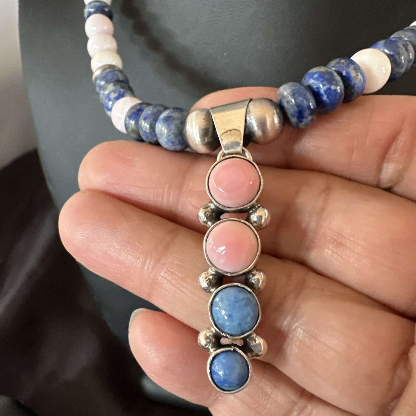 Cluster Pendant Pink Conch Lapis Navajo Pearls Sterling Silver Necklace 18896