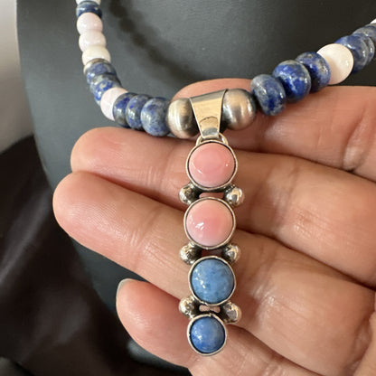 Cluster Pendant Pink Conch Lapis Navajo Pearls Sterling Silver Necklace 18896