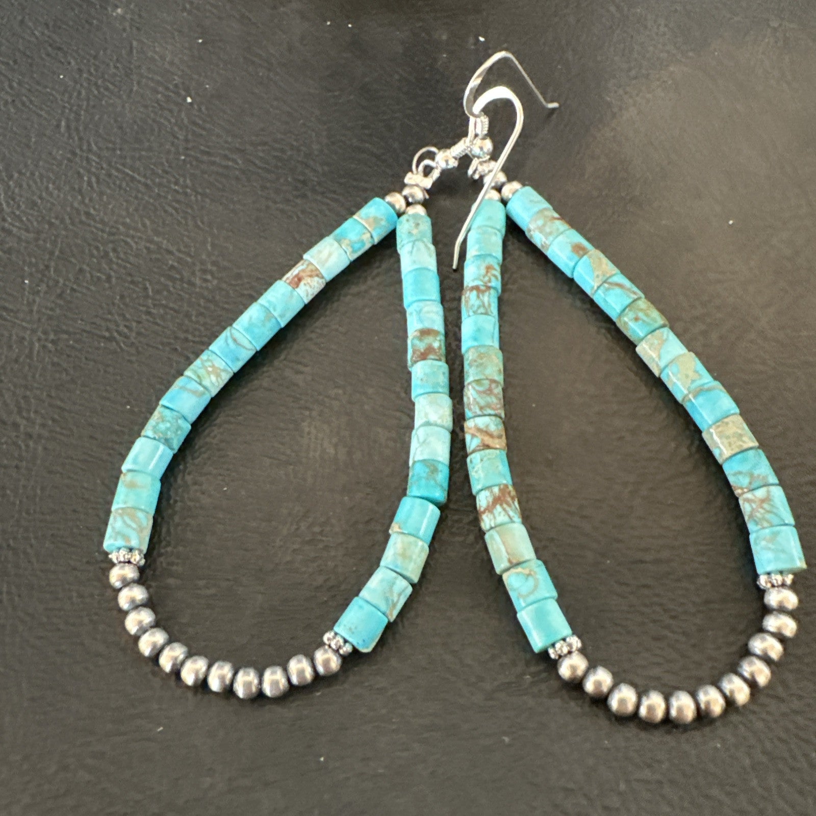 Blue Turquoise Heishi Navajo Sterling Silver Beads Earrings 2.5” 18953