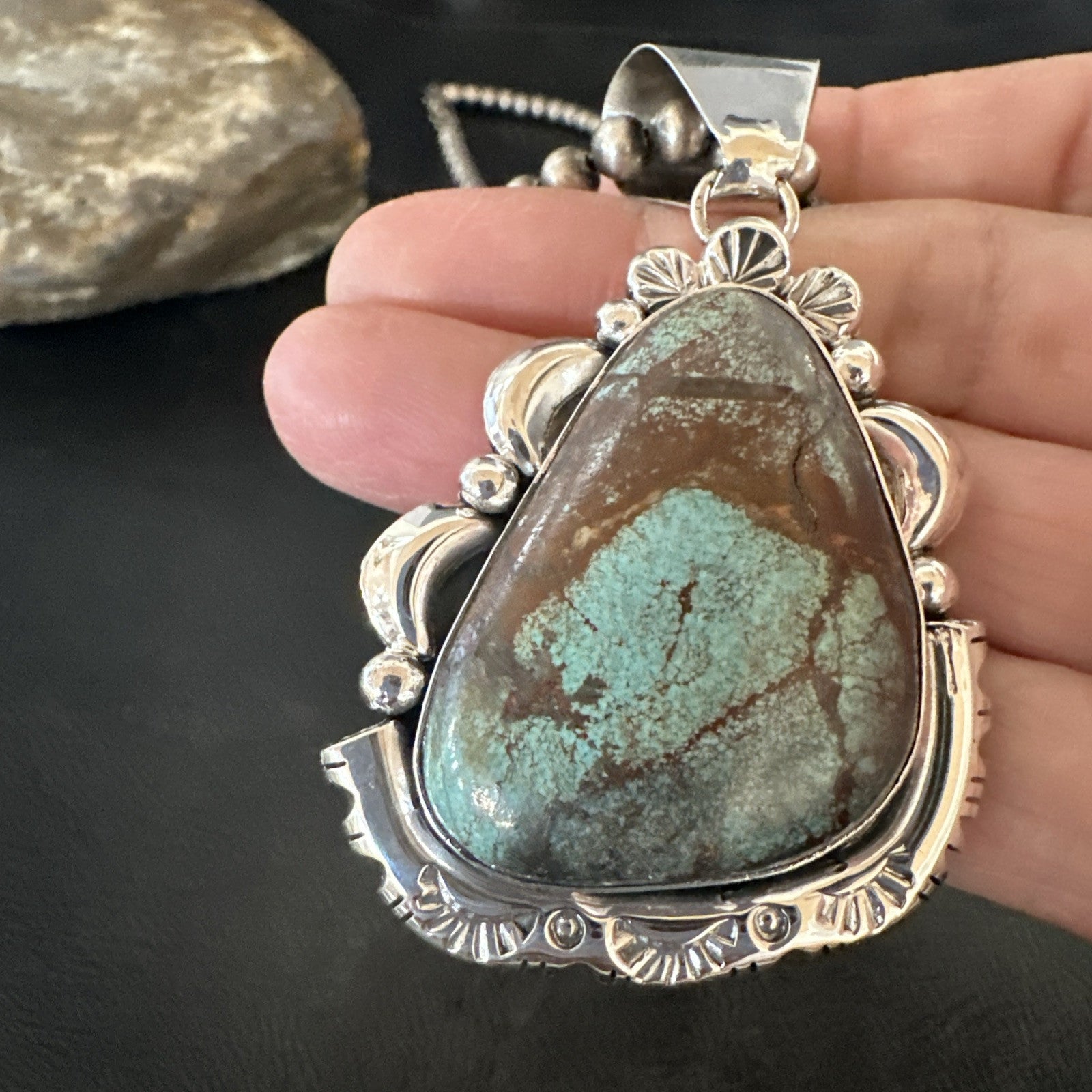 Yazzie Navajo Sterling Silver Blue Rustic Turquoise Necklace Pendant 18969