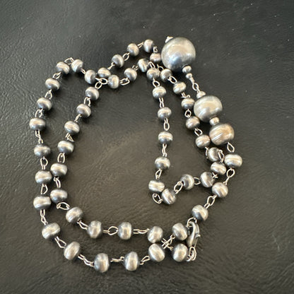 Y Rosary Bead Lariat Navajo Sterling Silver Beads Necklace 6mm 22" 18932