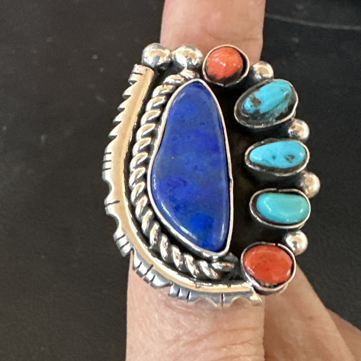 Navajo Cluster Lapis Kingman Turquoise Coral Sterling Silver Ring Sz 8 18882