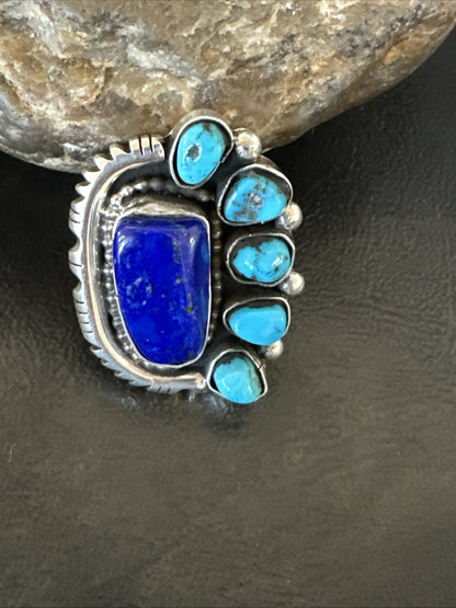 Navajo Cluster Lapis Kingman Turquoise Sterling Silver Ring Sz 8 18883
