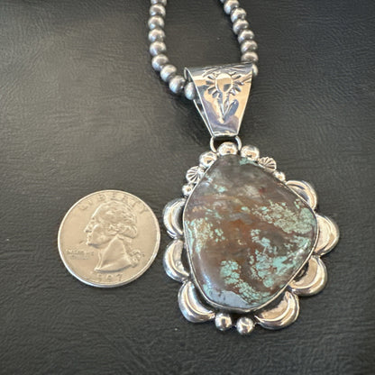 Navajo Sterling Silver Green Rustic Turquoise Necklace Pendant 2.75” 19012