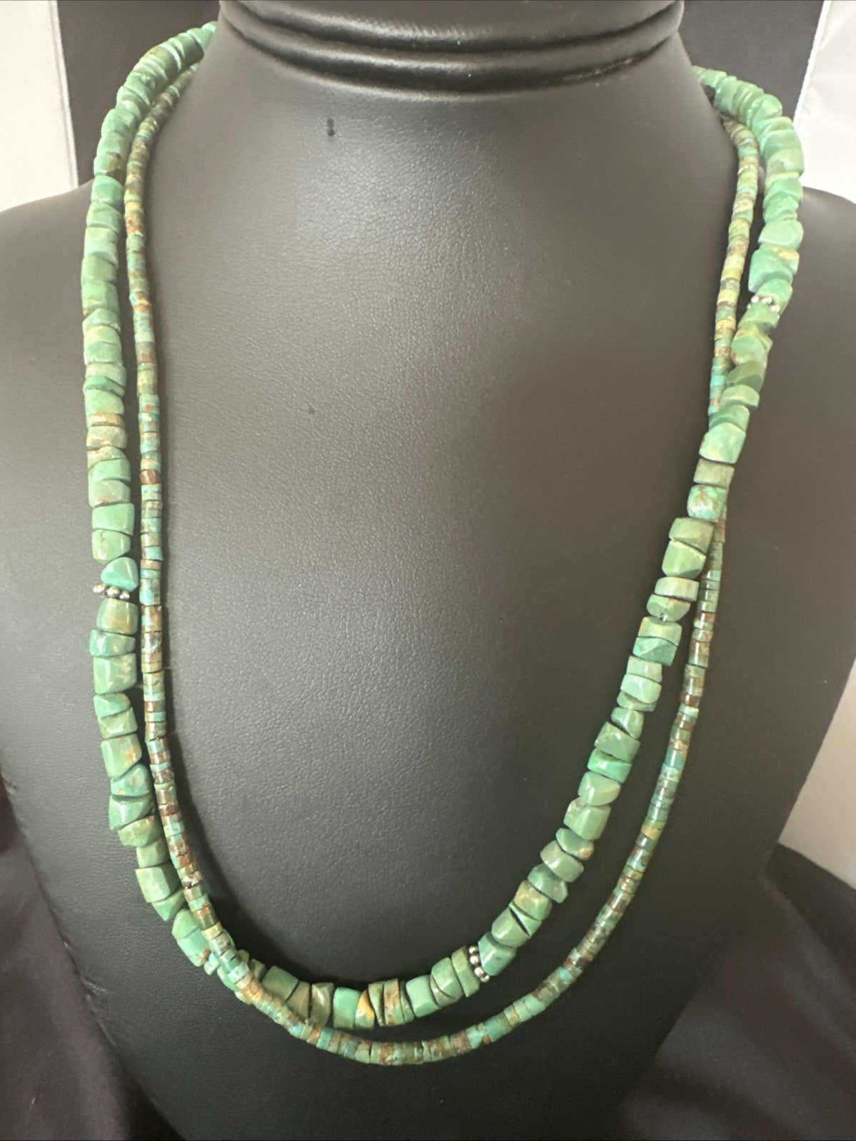 Sterling Silver Beads Heishi Green Turquoise 2 Strands Bead Necklace 18890